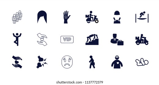 Person icon. collection of 18 person filled and outline icons such as woman hairstyle, delivery bike, hands holding heart. editable person icons for web and mobile.
