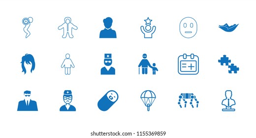 Person icon. collection of 18 person filled and outline icons such as woman in hammock, puzzle, doctor, bust, parachute. editable person icons for web and mobile.