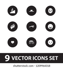 Person icon. collection of 9 person filled icons such as laughing emot, sad emot, hat, heart face, man climbing stairs, crying emot. editable person icons for web and mobile.