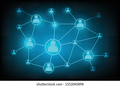 Person icon connect network on dark grid background. Business and employment concept. Chat technology communication. Vector illustration in flat design. 