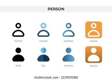 icono de persona con un estilo diferente. iconos de vector de persona diseñados en contorno, sólido, coloreado, degradado y plano. Símbolo, ilustración del logotipo. Ilustración del vector