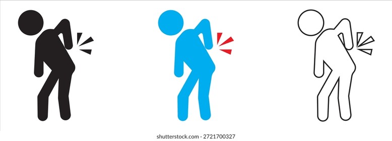 Icono De La Persona Que Experimenta Dolor De Espalda Baja. Ilustración de icono mínimo de una persona que sostiene la parte inferior de la espalda, azul, que representa dolor, lesión o molestia en la columna vertebral para la salud y los conceptos médicos.
