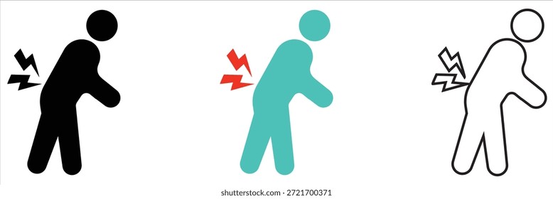 Icono De La Persona Que Experimenta Dolor De Espalda Baja. Ilustración de icono mínimo de una persona que sostiene la parte inferior de la espalda, azul, que representa dolor, lesión o molestia en la columna vertebral para la salud y los conceptos médicos.

