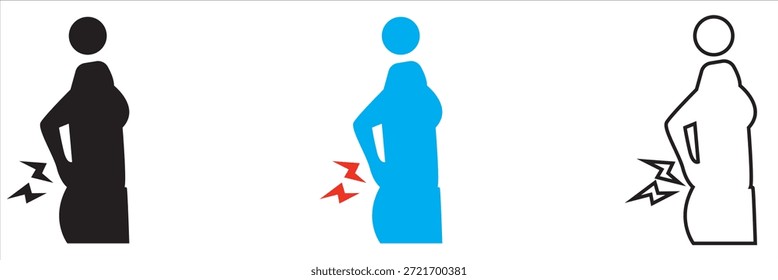 Icono De La Persona Que Experimenta Dolor De Espalda Baja. Ilustración de icono mínimo de una persona que sostiene la parte inferior de la espalda, azul, que representa dolor, lesión o molestia en la columna vertebral para la salud y los conceptos médicos.
