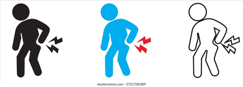 Icono De La Persona Que Experimenta Dolor De Espalda Baja. Ilustración de icono mínimo de una persona que sostiene la parte inferior de la espalda, azul, que representa dolor, lesión o molestia en la columna vertebral para la salud y los conceptos médicos.
