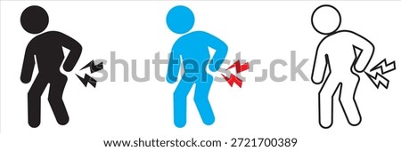 Person Icon Experiencing Lower Back Pain. Minimal icon illustration of a person holding the lower back, blue, representing pain, injury, or spinal discomfort for health and medical concepts.
