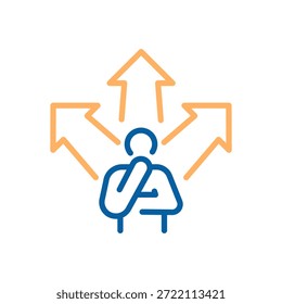 Ícone de pessoa enfrentando várias setas divergentes, simbolizando escolhas, oportunidades e tomada de decisão estratégica para caminhos futuros. Traçado editável do ícone de linha fina
