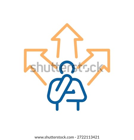 Person icon facing multiple diverging arrows, symbolizing choices, opportunities, and strategic decision making for future paths. Thin line icon editable stroke