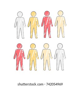 Person icon in four different colors white, orange, pink and red. Vector illustration with silhouette of faceless man isolated on white background
