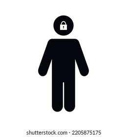 Person Symbol mit Schloss. Schutz personenbezogener Daten und Privatsphäre - Zeichen und Person sind durch Sperrung geschützt. Versteckte und geheime Persönlichkeit. 