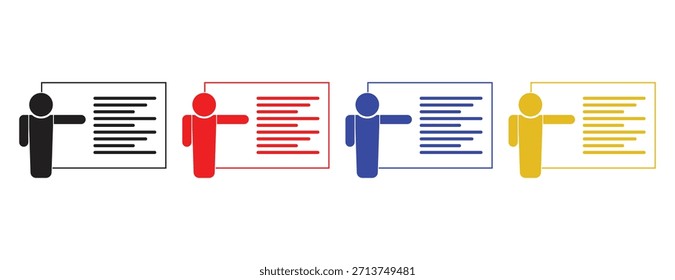 Person icon pointing to text lines, presentation and communication graphic elements