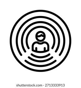 Icono de persona con círculos radiantes que representan la señal, la influencia, la transmisión o el espacio personal