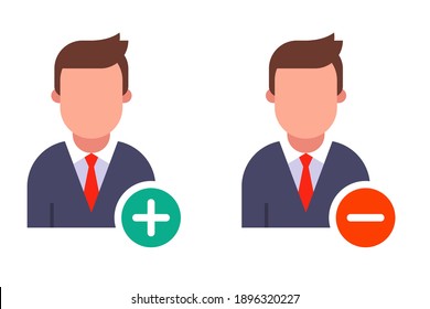 person icon with round minus and plus buttons. flat vector illustration isolated on white background