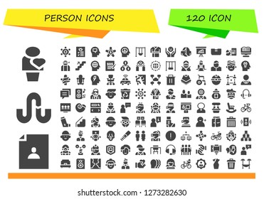  person icon set. 120 filled person icons. Simple modern icons about  - Human, User, Stumbleupon, Team, Profile, Mind, Meeting, Swing, Robe, Psychology, Avatar, Presentation, Bed