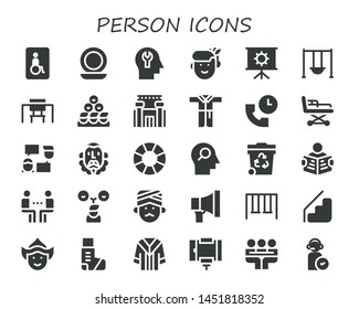 person icon set. 30 filled person icons.  Collection Of - Wheelchairs, Mirror, Mind, Woman, Presentation, Swing, Desk, Friends, Prison, Bathrobe, Support, Stretcher, Talk, Cervantes