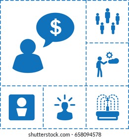 Person icon. set of 6 person filled icons such as man wc, fountain, man, user bulb, group
