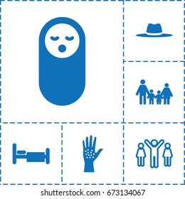 Person icon. set of 6 person filled and outline icons such as baby food, hat, bed, arm rash, group of people and man celebrating victory