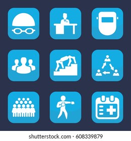 Person icon. set of 9 filled person icons such as group, welder mask, medical appointment, man working at the table, karate, swimming hat and glasses, user group