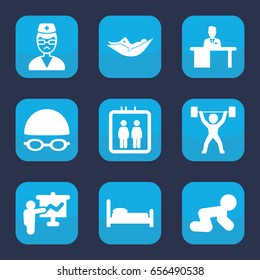 Person icon. set of 9 filled person icons such as elevator, baby crawl, woman in hammock, doctor, man working at the table, swimming hat and glasses, power lifter, teacher
