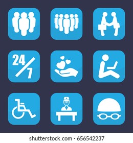 Person Icon. Set Of 9 Filled Person Icons Such As Hand Holding Heart, Doctor, Wheel Chair, Businessman Shaking Hands, Swimming Hat And Glasses, Man Sitting With Laptop, Group