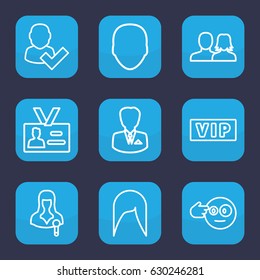 Person icon. set of 9 outline person icons such as vip, face, man and woman, woman hairstyle, woman speaker, badge, businessman, head bang emot