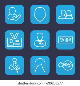 Person icon. set of 9 outline person icons such as vip, face, man and woman, woman hairstyle, woman speaker, badge, businessman, head bang emot