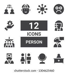 person icon set. Collection of 12 filled person icons included Pharmacist, Mirror, Restrooms, Doctor, Secretary, Mass, Call center, Man, Sad, Management, Network