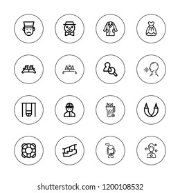 Person icon set. collection of 16 outline person icons with call center, burglar, clown, celebrity, dress, friends, gentleman, hammock, lifebuoy, jacket, stairs, trash icons.