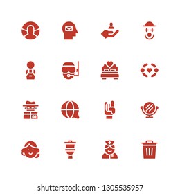 person icon set. Collection of 16 filled person icons included Trash, Nurse, Toilet, Avatar, Mirror, Maloik, Customer service, Hacker, Friendship, Bed, Diver, Worker, Clown, User