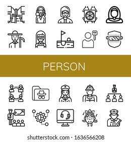 Person Icon Set. Collection Of Office Desk, Farmer, Support Services, Maid, Teacher, Golf, Pizza Deliver, User, Nun, Welding, Network, Presentation, Hacker, Grouping, Police Officer Icons