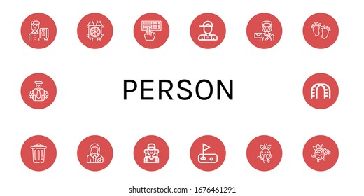 Person Icon Set. Collection Of Student, Pizza Deliver, Braille, Delivery Boy, Postwoman, Feet, Trash, Pharmacist, Climber, Golf, Sick, Drunk, Management, Stairs Icons