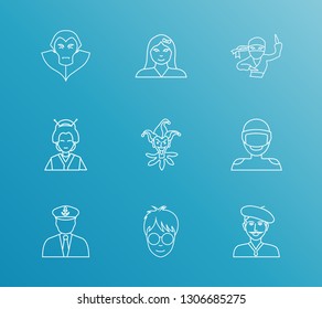 Person icon set and girl with french man, traditional woman and joker. Dracula related person icon vector for web UI logo design.