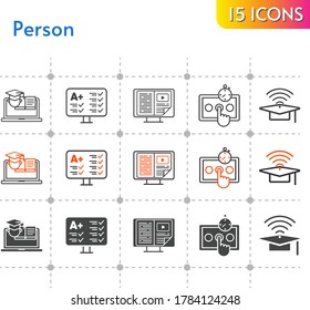 person icon set. included e-book, cap, test, training icons on white background. linear, bicolor, filled styles.