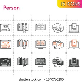 person icon set. included ebook, homework, learn, book, login icons on white background. linear, bicolor, filled styles.