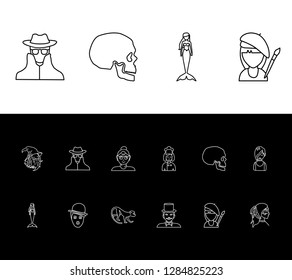 Person icon set and old woman with skull, spy and cook. Cherokee related person icon vector for web UI logo design.