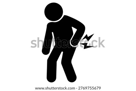 Person icon shows acute back pain with lightning bolts indicating sharp, radiating discomfort and injury symptoms.
