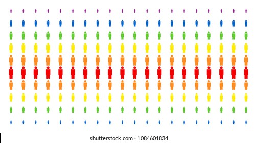 Person icon spectral halftone pattern. Vector symbols arranged into halftone array with vertical rainbow colors gradient. Designed for backgrounds, covers, templates and abstract effects.