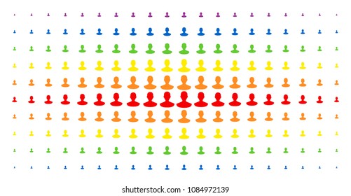 Person icon spectral halftone pattern. Vector person pictograms are organized into halftone matrix with vertical spectrum gradient. Constructed for backgrounds, covers,