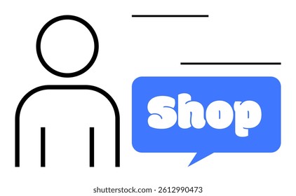 Person icon with a speech bubble containing the word Shop. Ideal for business, retail, consumer services, commerce, and marketing themes. Basic lines with blue accent for minimalistic design
