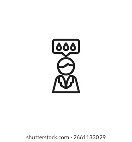 Icono de una persona con una burbuja de diálogo que contiene tres Formas de lágrimas sobre su cabeza, lo que sugiere tristeza, decepción o angustia emocional.