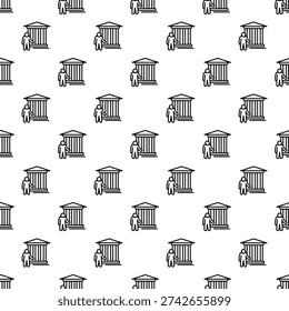 Person icon standing next to a museum building with classic columns on a white background