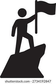 Person icon standing on cliff with raised flag symbolizing moral courage in business silhouette