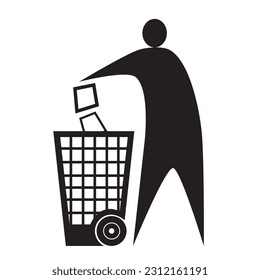 person icon throwing garbage in trash can isolated on white background