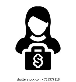 Person Icon Vector Female Business Consulting Services With Bag and Dollar Symbol Sign in Glyph Pictogram illustration