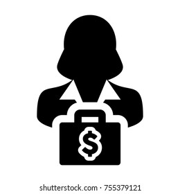 Person Icon Vector Female Business Consulting Services With Bag and Dollar Symbol Sign in Glyph Pictogram illustration