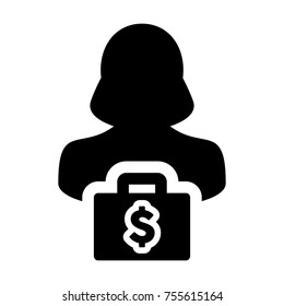 Person Icon Vector Female Business Consulting Services With Bag and Dollar Symbol Sign in Glyph Pictogram illustration