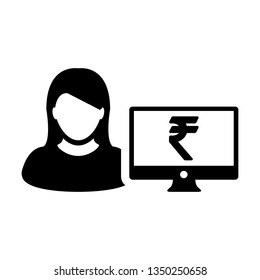 Person icon vector female user avatar with computer monitor screen and Rupee sign in flat color in Glyph Pictogram Symbol illustration