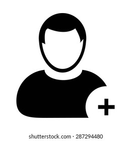 Person Icon Vector Plus Symbol for Add New User Profile Male Avatar in Flat Color Glyph Pictogram illustration