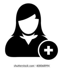 Person Icon Vector Plus Symbol for Add New User Profile Female Avatar in Flat Color Glyph Pictogram illustration
