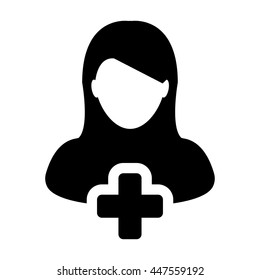 Person Icon Vector Plus Symbol for Add New User Profile Female Avatar in Flat Color Glyph Pictogram illustration